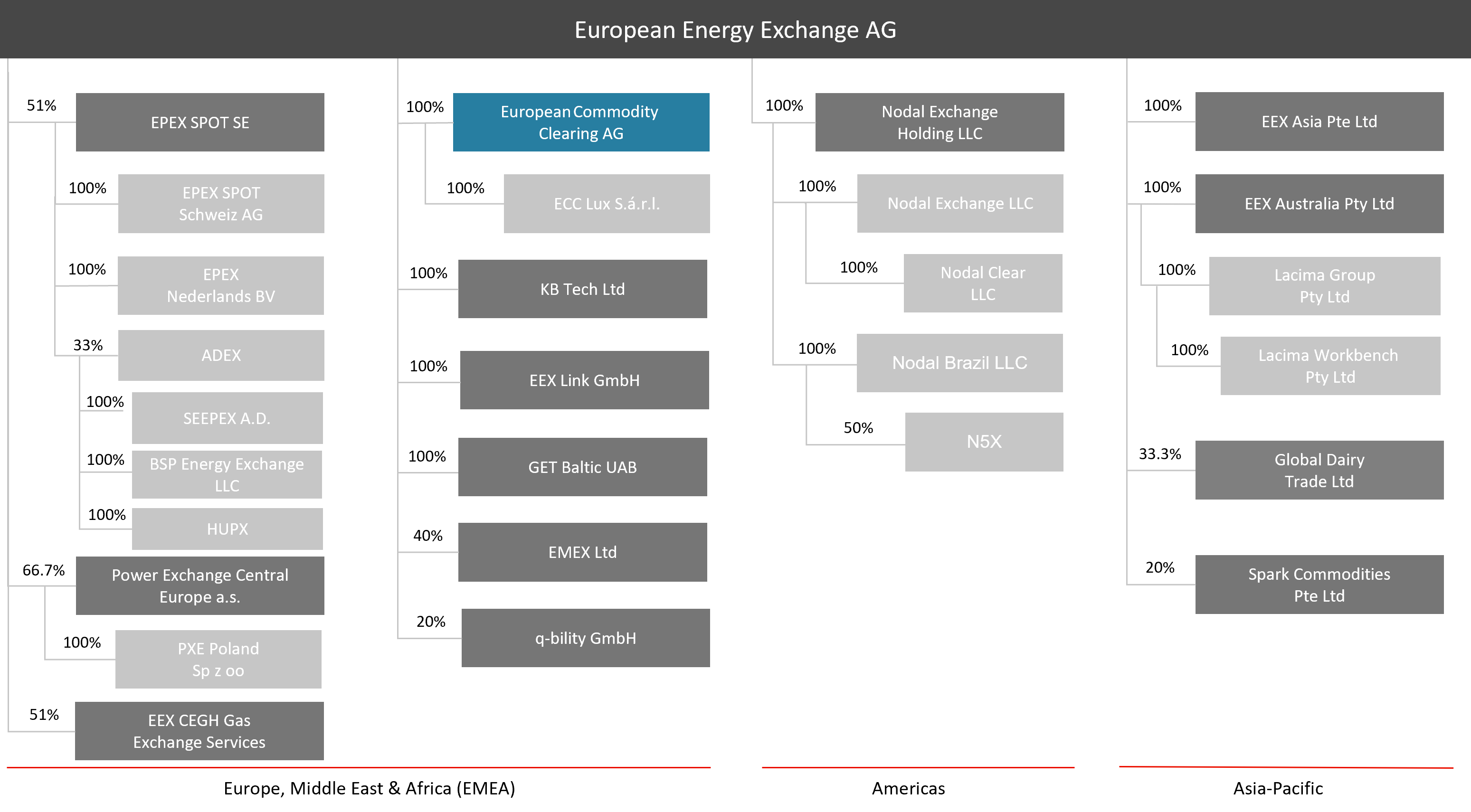 Graphic showing the group structure of European Energy Exchange AG across global regions.